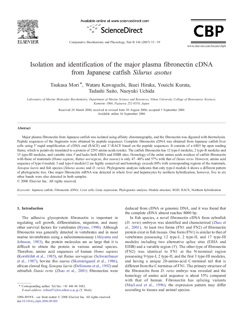 Isolation and identification of the major plasma fibronectin cDNA from Japanese catfish Silurus asotus