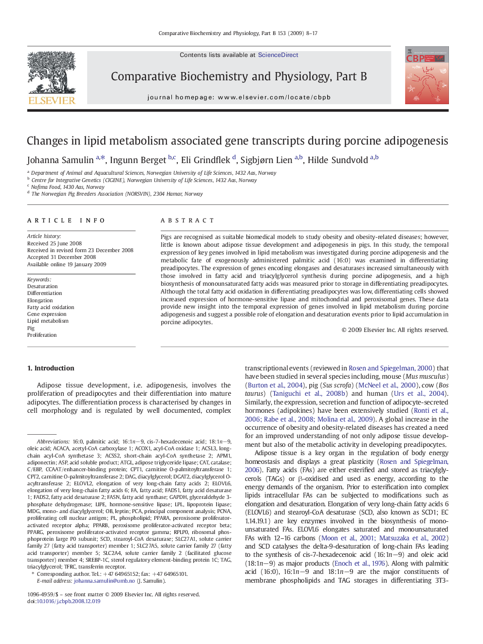 Changes in lipid metabolism associated gene transcripts during porcine adipogenesis