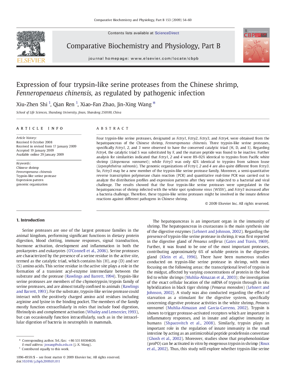 Expression of four trypsin-like serine proteases from the Chinese shrimp, Fenneropenaeus chinensis, as regulated by pathogenic infection