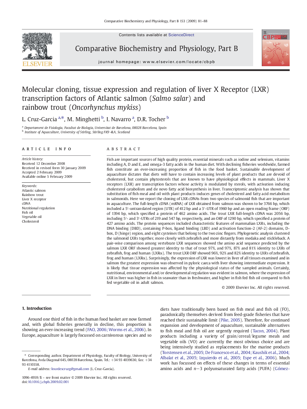 Molecular cloning, tissue expression and regulation of liver X Receptor (LXR) transcription factors of Atlantic salmon (Salmo salar) and rainbow trout (Oncorhynchus mykiss)