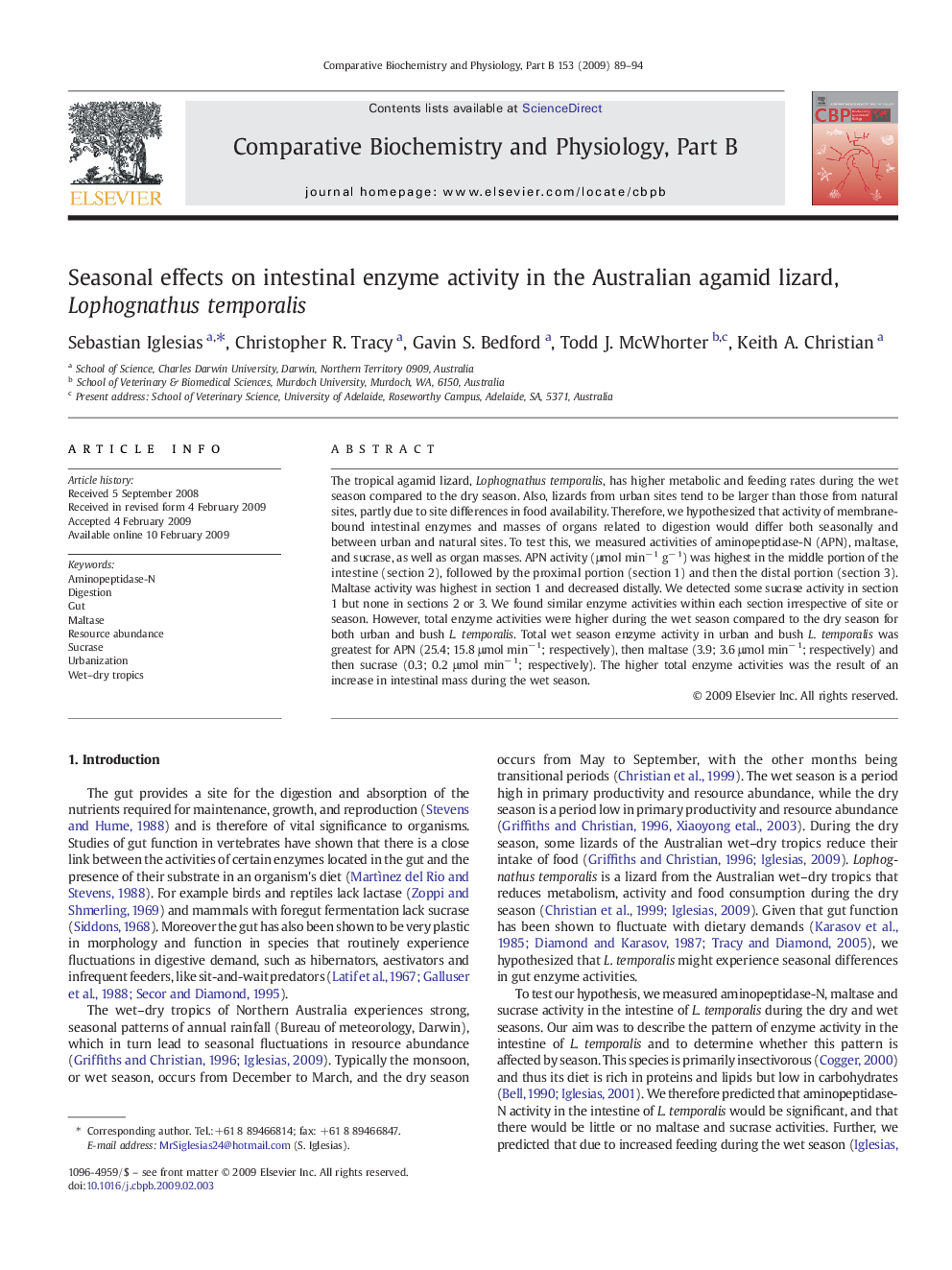 Seasonal effects on intestinal enzyme activity in the Australian agamid lizard, Lophognathus temporalis