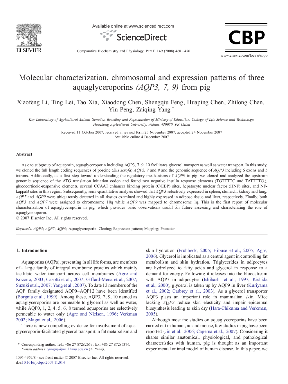 Molecular characterization, chromosomal and expression patterns of three aquaglyceroporins (AQP3, 7, 9) from pig