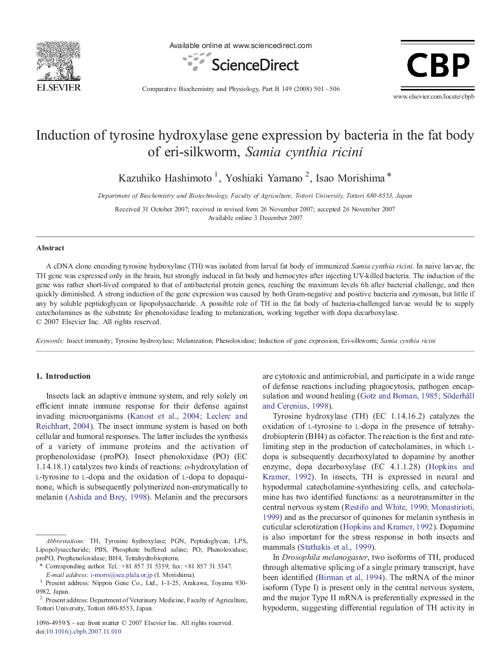 Induction of tyrosine hydroxylase gene expression by bacteria in the fat body of eri-silkworm, Samia cynthia ricini