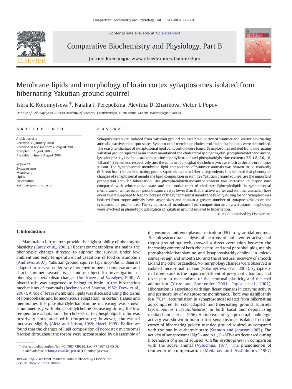 Membrane lipids and morphology of brain cortex synaptosomes isolated from hibernating Yakutian ground squirrel