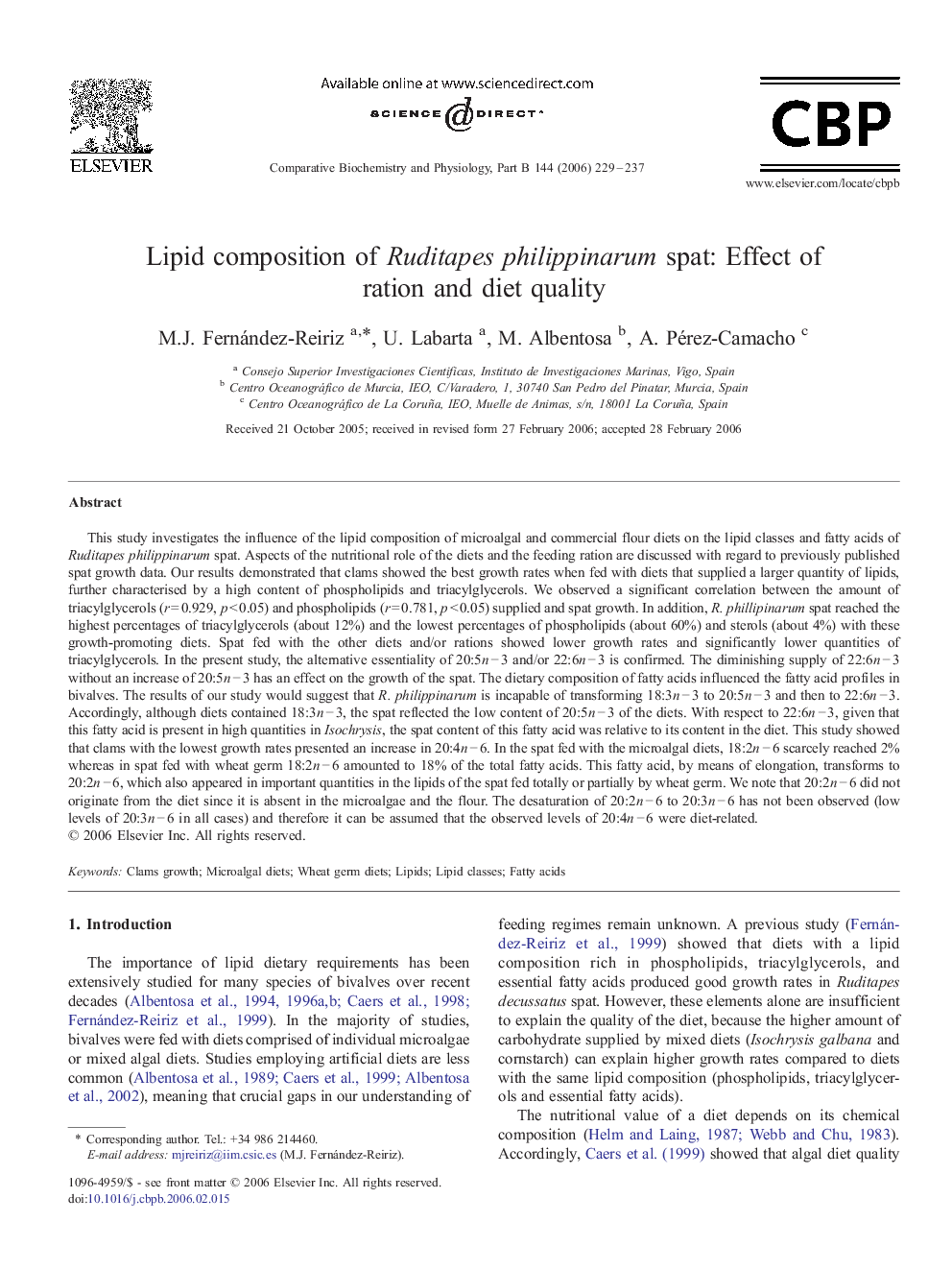 Lipid composition of Ruditapes philippinarum spat: Effect of ration and diet quality