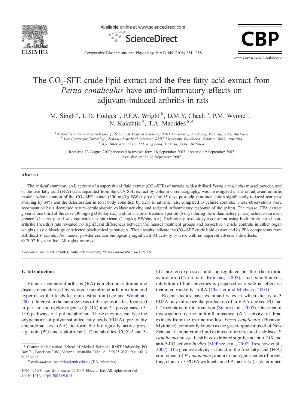 The CO2-SFE crude lipid extract and the free fatty acid extract from Perna canaliculus have anti-inflammatory effects on adjuvant-induced arthritis in rats