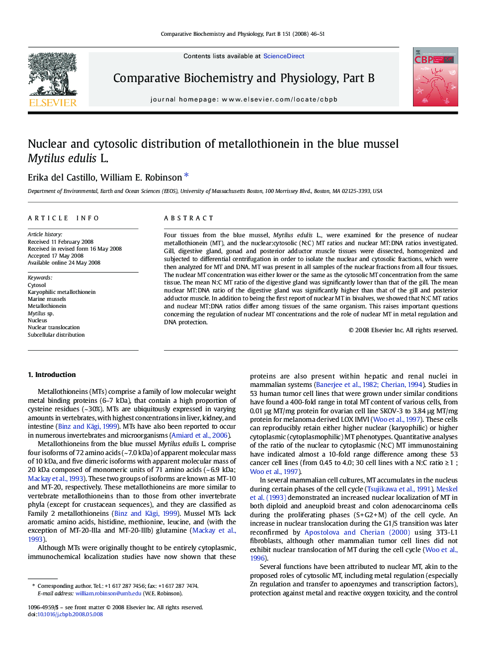 Nuclear and cytosolic distribution of metallothionein in the blue mussel Mytilus edulis L.