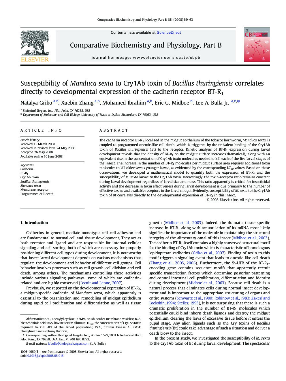 Susceptibility of Manduca sexta to Cry1Ab toxin of Bacillus thuringiensis correlates directly to developmental expression of the cadherin receptor BT-R1