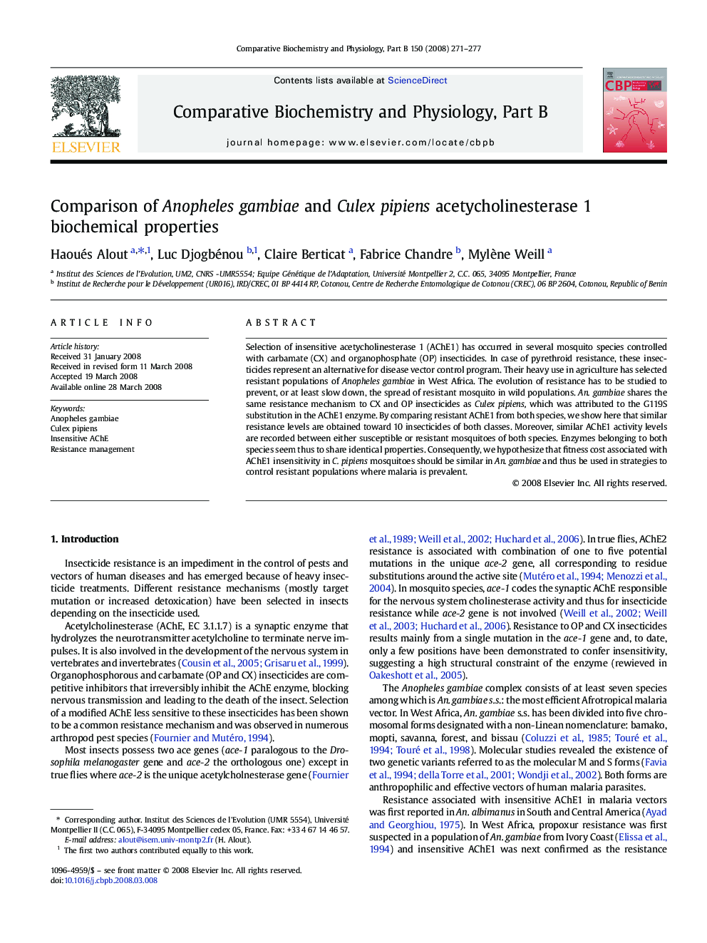 Comparison of Anopheles gambiae and Culex pipiens acetycholinesterase 1 biochemical properties