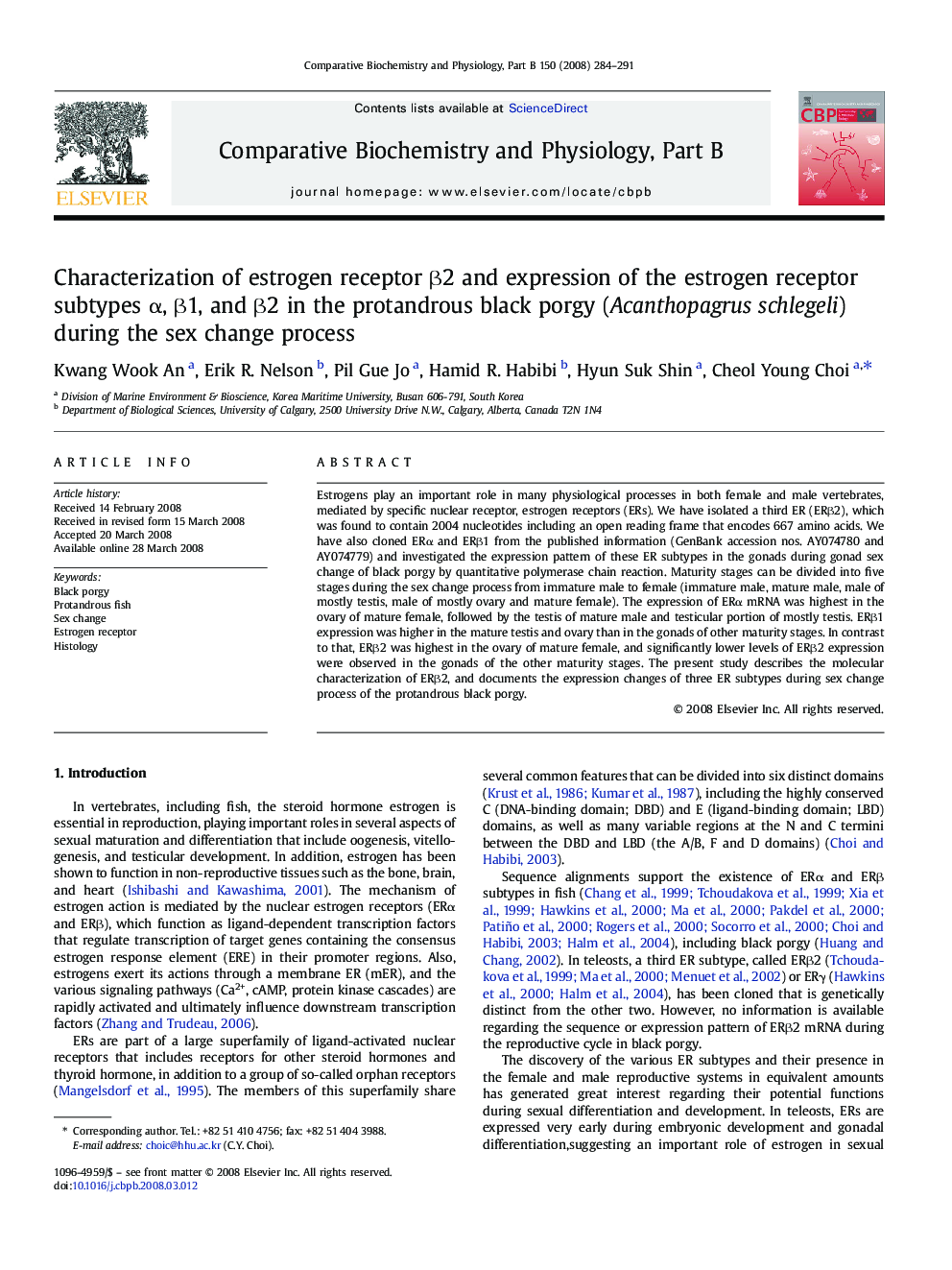 Characterization of estrogen receptor Î²2 and expression of the estrogen receptor subtypes Î±, Î²1, and Î²2 in the protandrous black porgy (Acanthopagrus schlegeli) during the sex change process