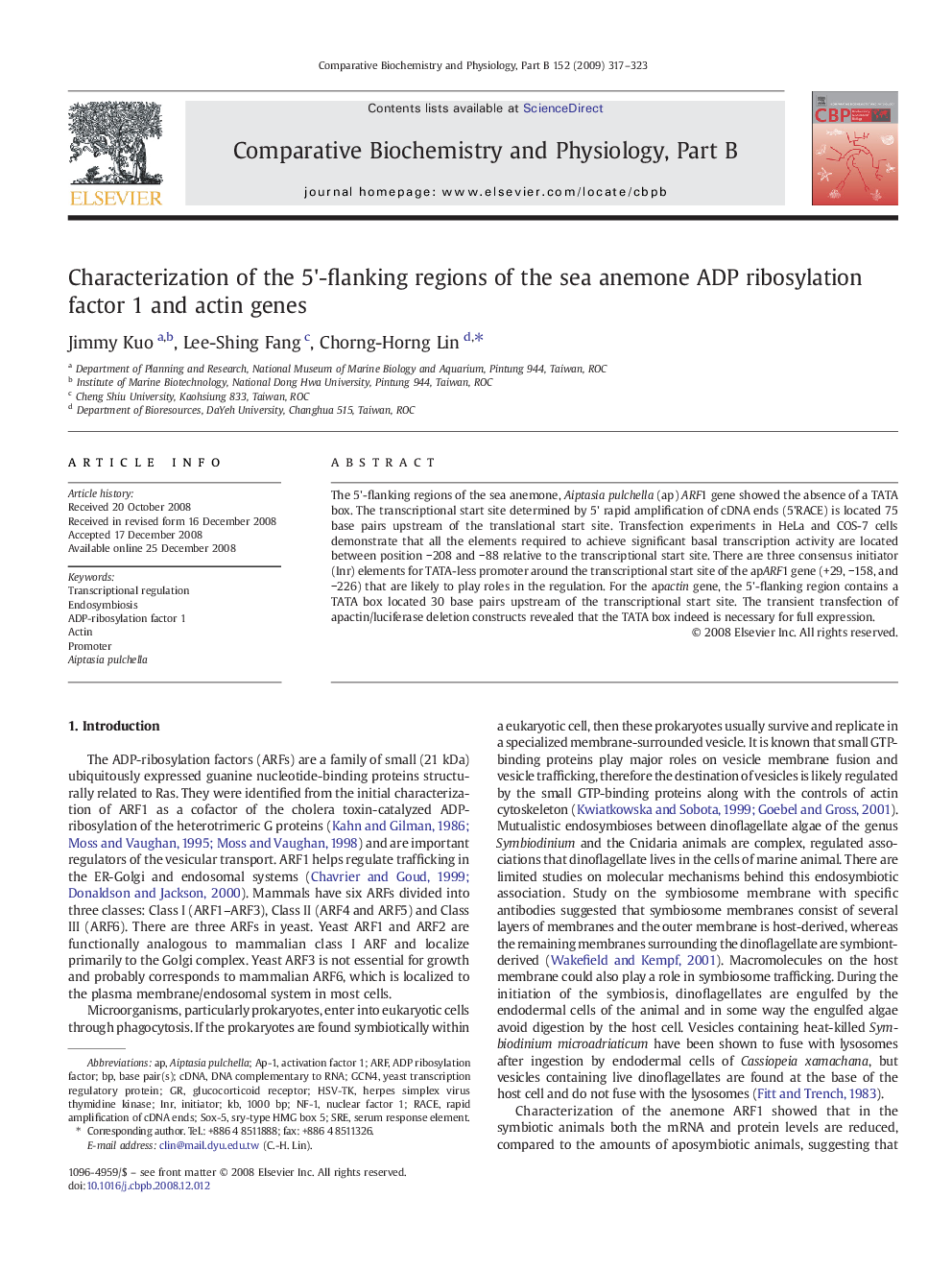 Characterization of the 5'-flanking regions of the sea anemone ADP ribosylation factor 1 and actin genes