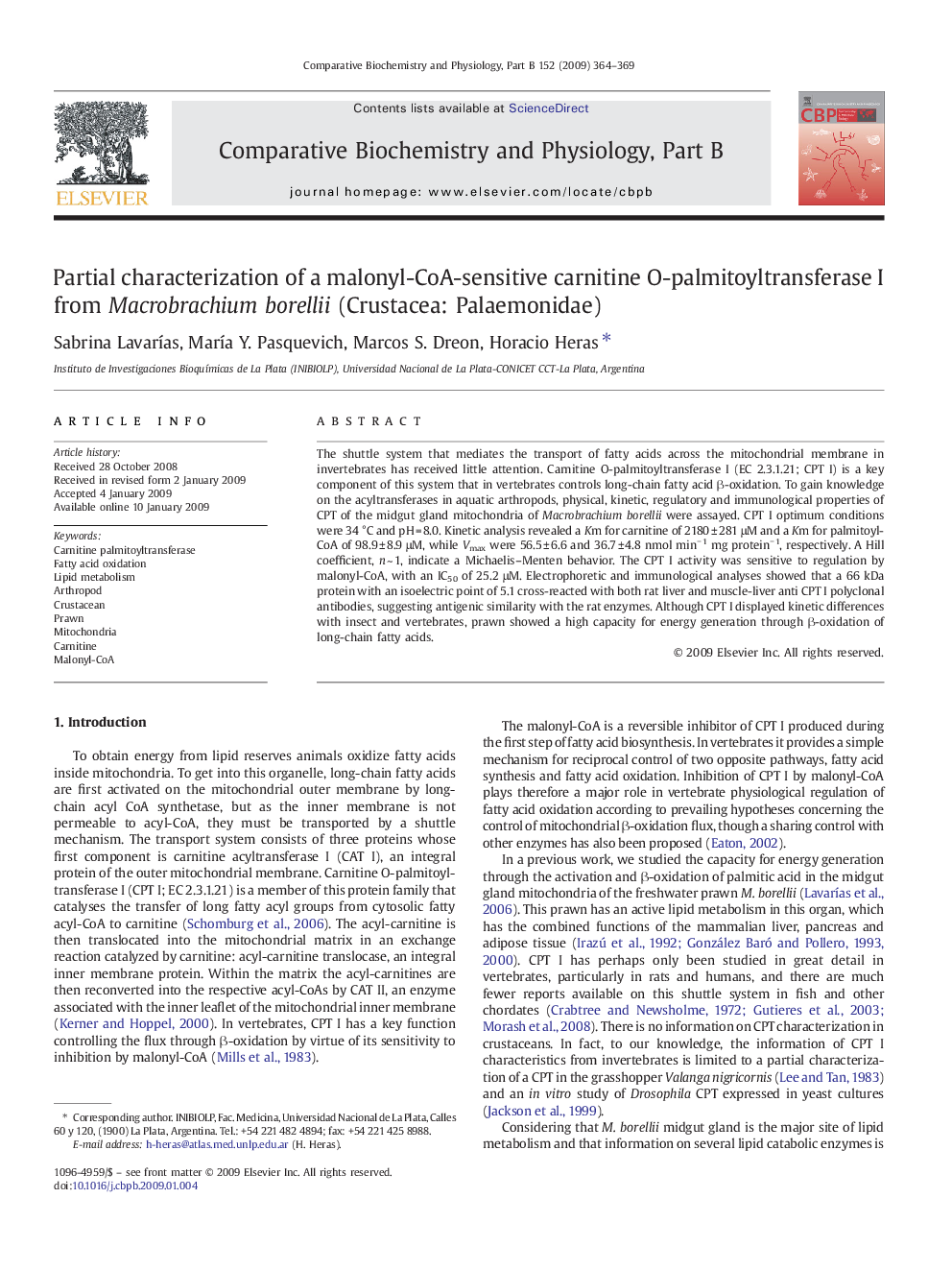 Partial characterization of a malonyl-CoA-sensitive carnitine O-palmitoyltransferase I from Macrobrachium borellii (Crustacea: Palaemonidae)