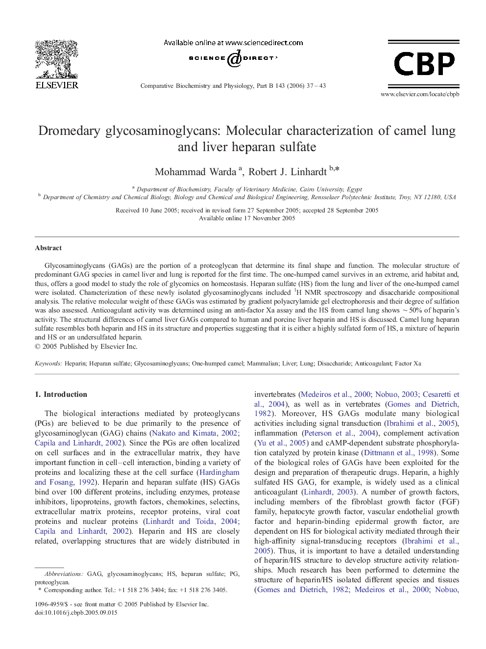 Dromedary glycosaminoglycans: Molecular characterization of camel lung and liver heparan sulfate