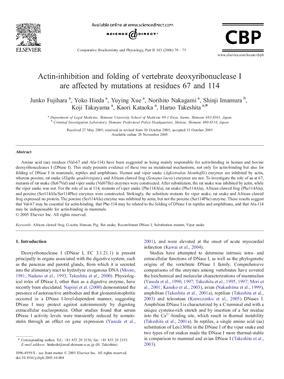 Actin-inhibition and folding of vertebrate deoxyribonuclease I are affected by mutations at residues 67 and 114