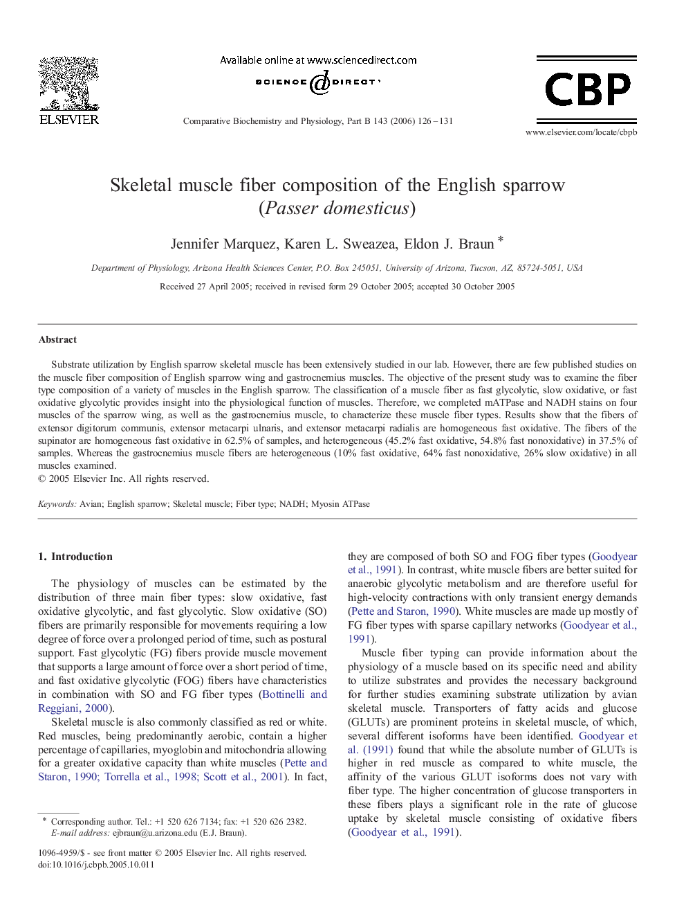 Skeletal muscle fiber composition of the English sparrow (Passer domesticus)