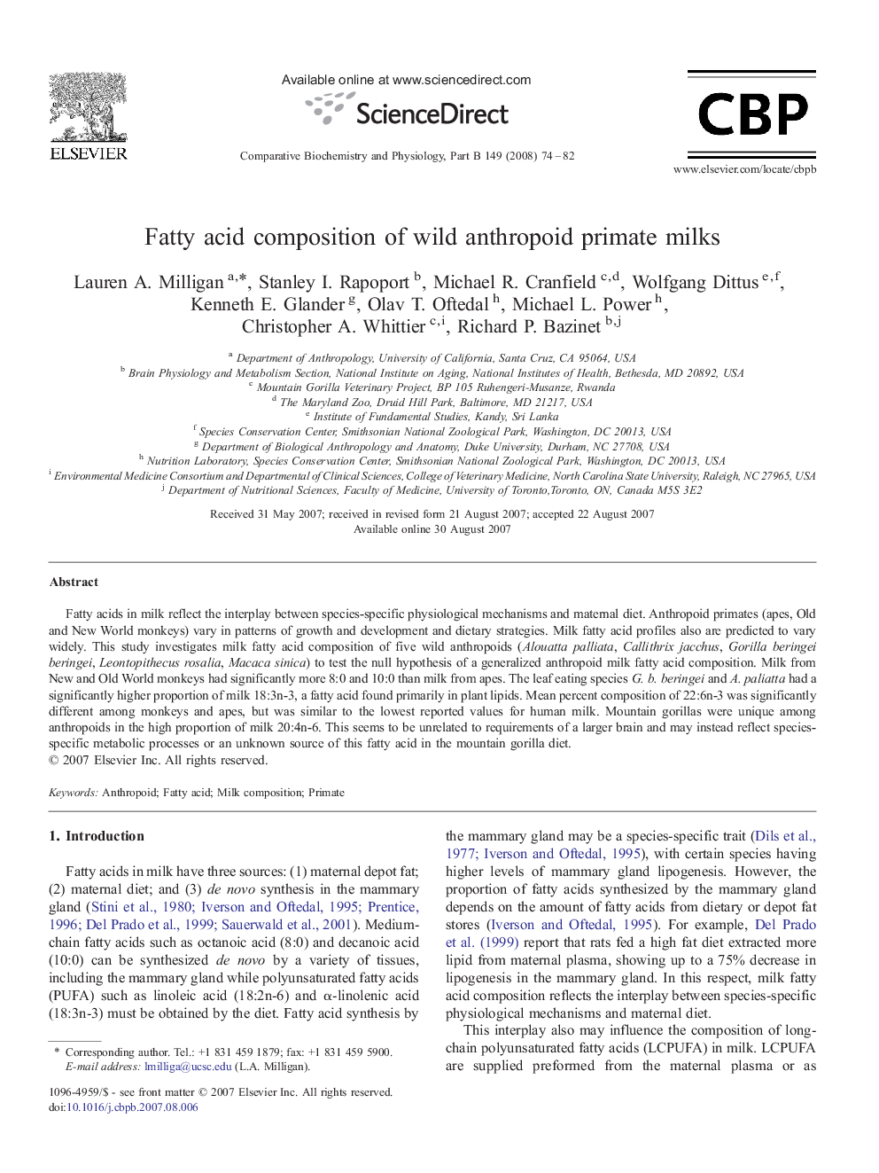 Fatty acid composition of wild anthropoid primate milks