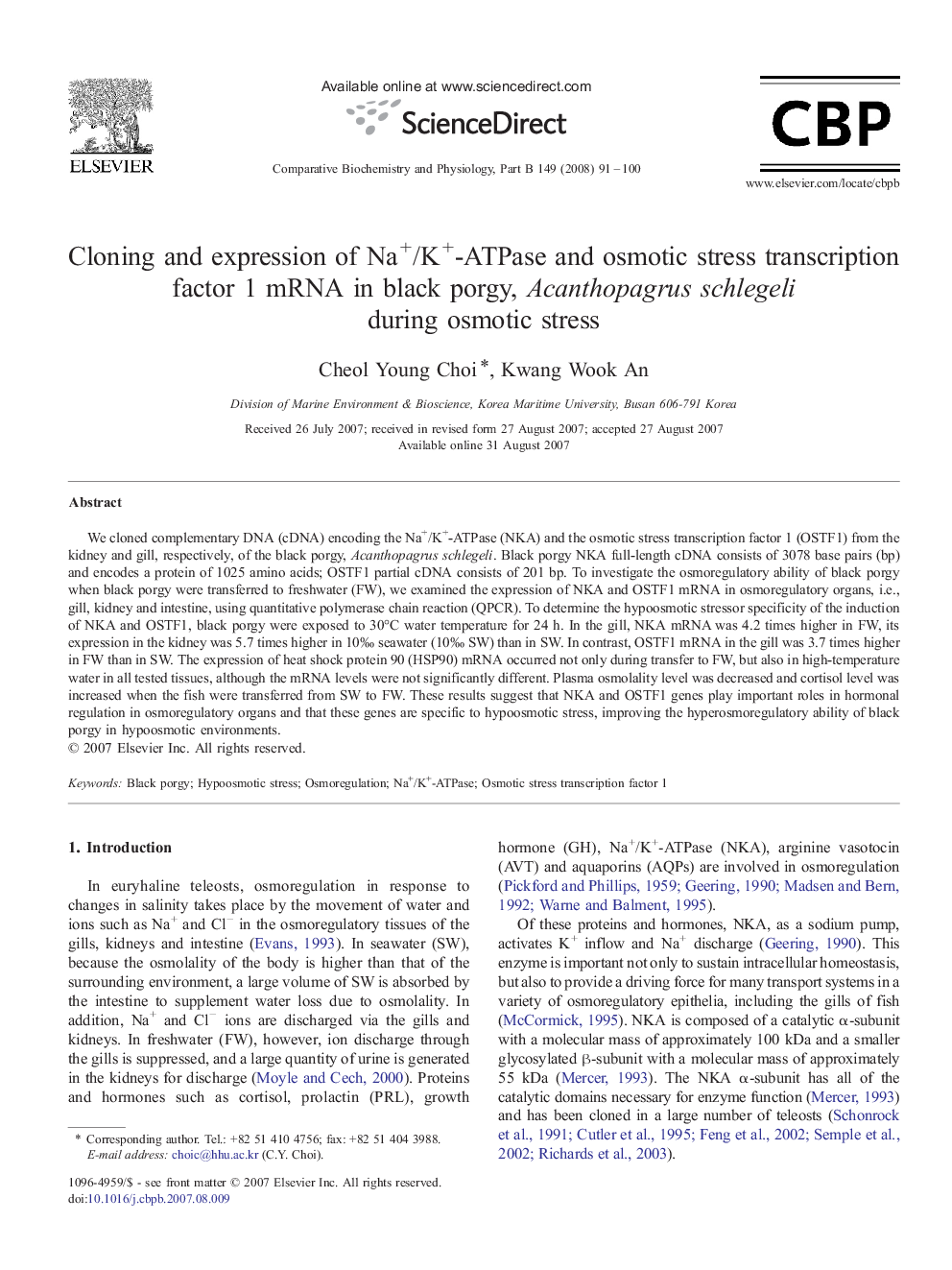 Cloning and expression of Na+/K+-ATPase and osmotic stress transcription factor 1 mRNA in black porgy, Acanthopagrus schlegeli during osmotic stress