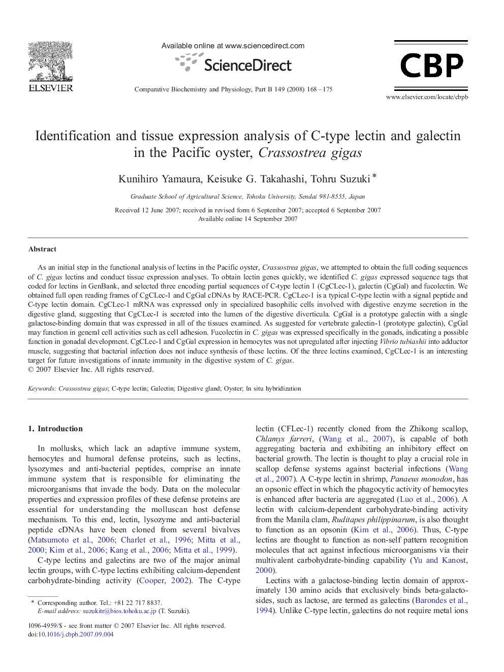 Identification and tissue expression analysis of C-type lectin and galectin in the Pacific oyster, Crassostrea gigas