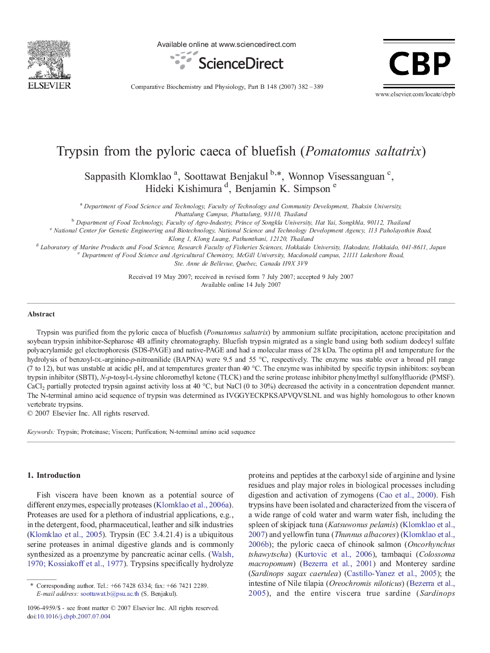 Trypsin from the pyloric caeca of bluefish (Pomatomus saltatrix)