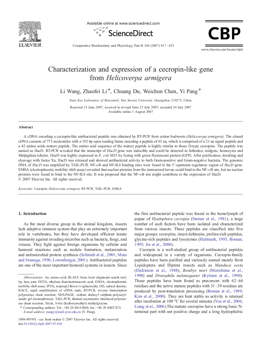 Characterization and expression of a cecropin-like gene from Helicoverpa armigera