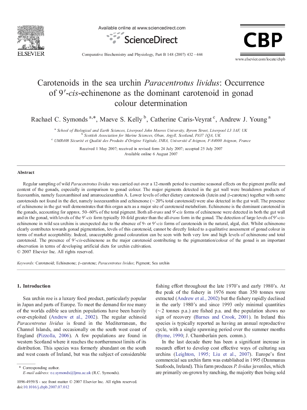 Carotenoids in the sea urchin Paracentrotus lividus: Occurrence of 9′-cis-echinenone as the dominant carotenoid in gonad colour determination