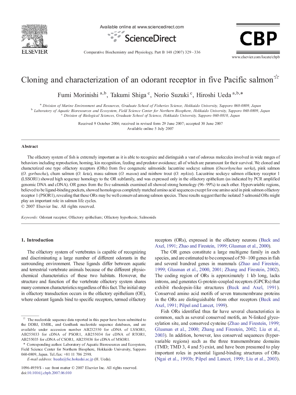 Cloning and characterization of an odorant receptor in five Pacific salmon