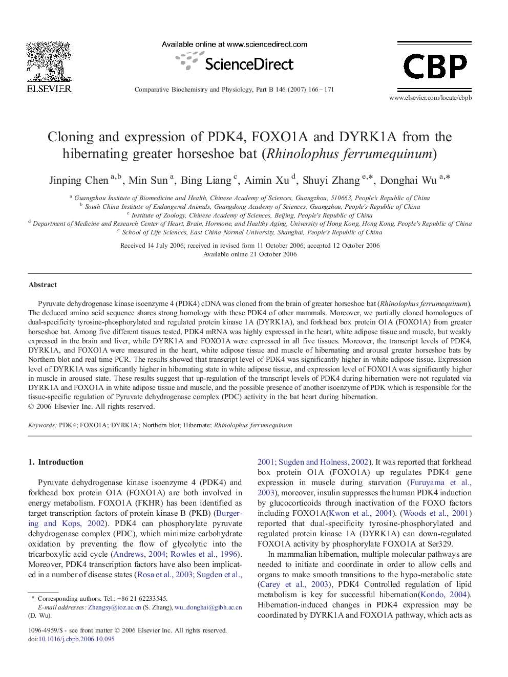 Cloning and expression of PDK4, FOXO1A and DYRK1A from the hibernating greater horseshoe bat (Rhinolophus ferrumequinum)