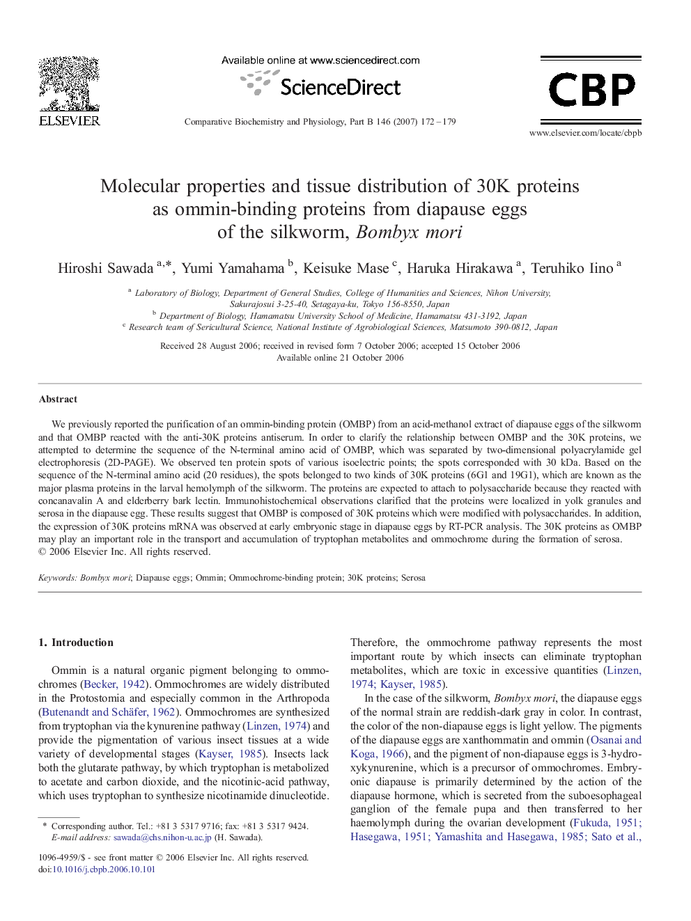 Molecular properties and tissue distribution of 30K proteins as ommin-binding proteins from diapause eggs of the silkworm, Bombyx mori