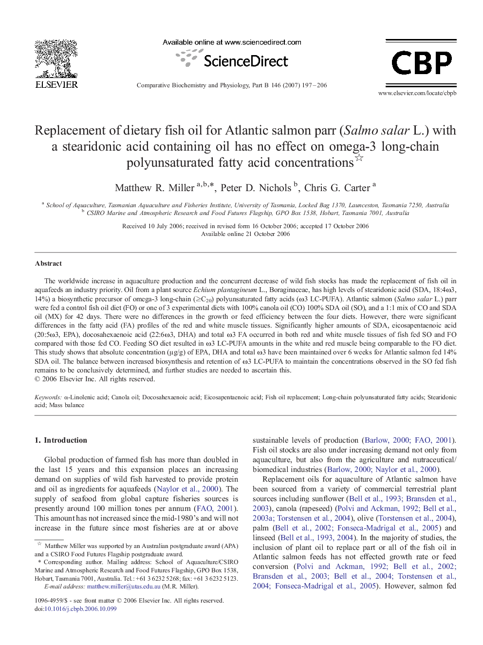 Replacement of dietary fish oil for Atlantic salmon parr (Salmo salar L.) with a stearidonic acid containing oil has no effect on omega-3 long-chain polyunsaturated fatty acid concentrations 