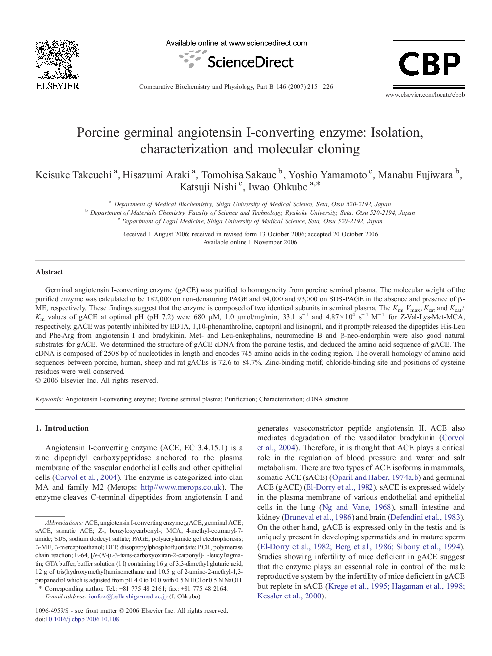 Porcine germinal angiotensin I-converting enzyme: Isolation, characterization and molecular cloning