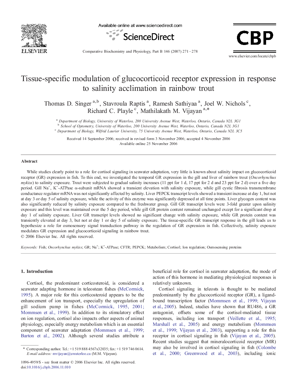 Tissue-specific modulation of glucocorticoid receptor expression in response to salinity acclimation in rainbow trout