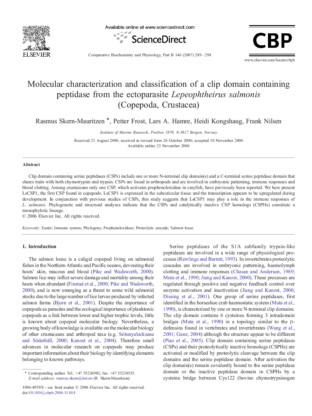 Molecular characterization and classification of a clip domain containing peptidase from the ectoparasite Lepeophtheirus salmonis (Copepoda, Crustacea)