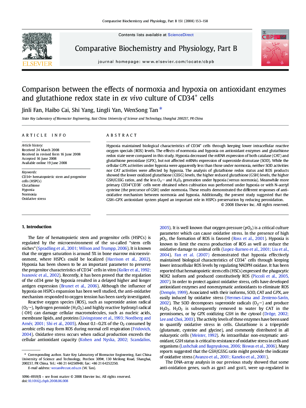 Comparison between the effects of normoxia and hypoxia on antioxidant enzymes and glutathione redox state in ex vivo culture of CD34+ cells