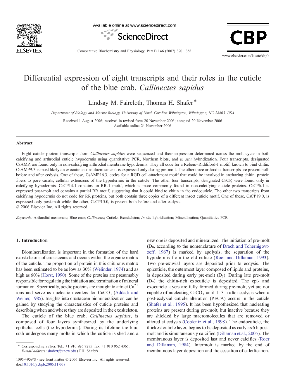 Differential expression of eight transcripts and their roles in the cuticle of the blue crab, Callinectes sapidus