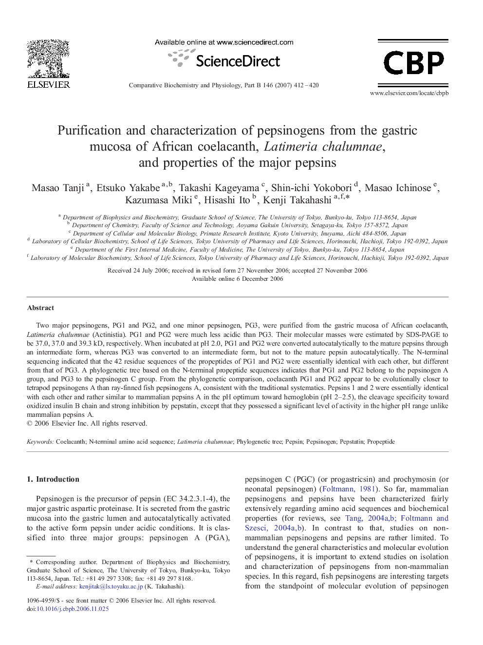 Purification and characterization of pepsinogens from the gastric mucosa of African coelacanth, Latimeria chalumnae, and properties of the major pepsins