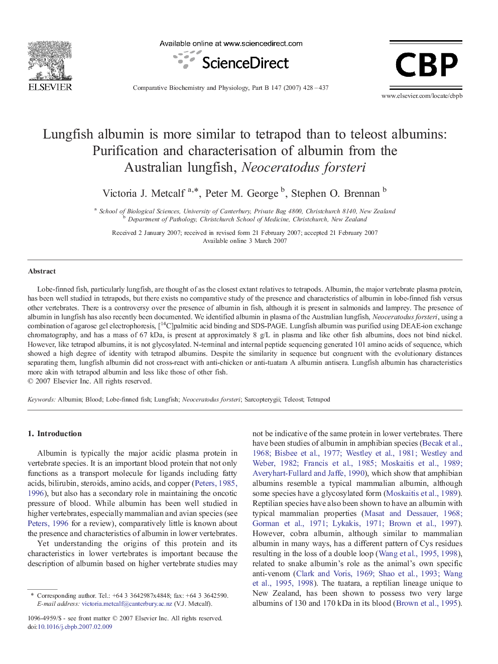 Lungfish albumin is more similar to tetrapod than to teleost albumins: Purification and characterisation of albumin from the Australian lungfish, Neoceratodus forsteri