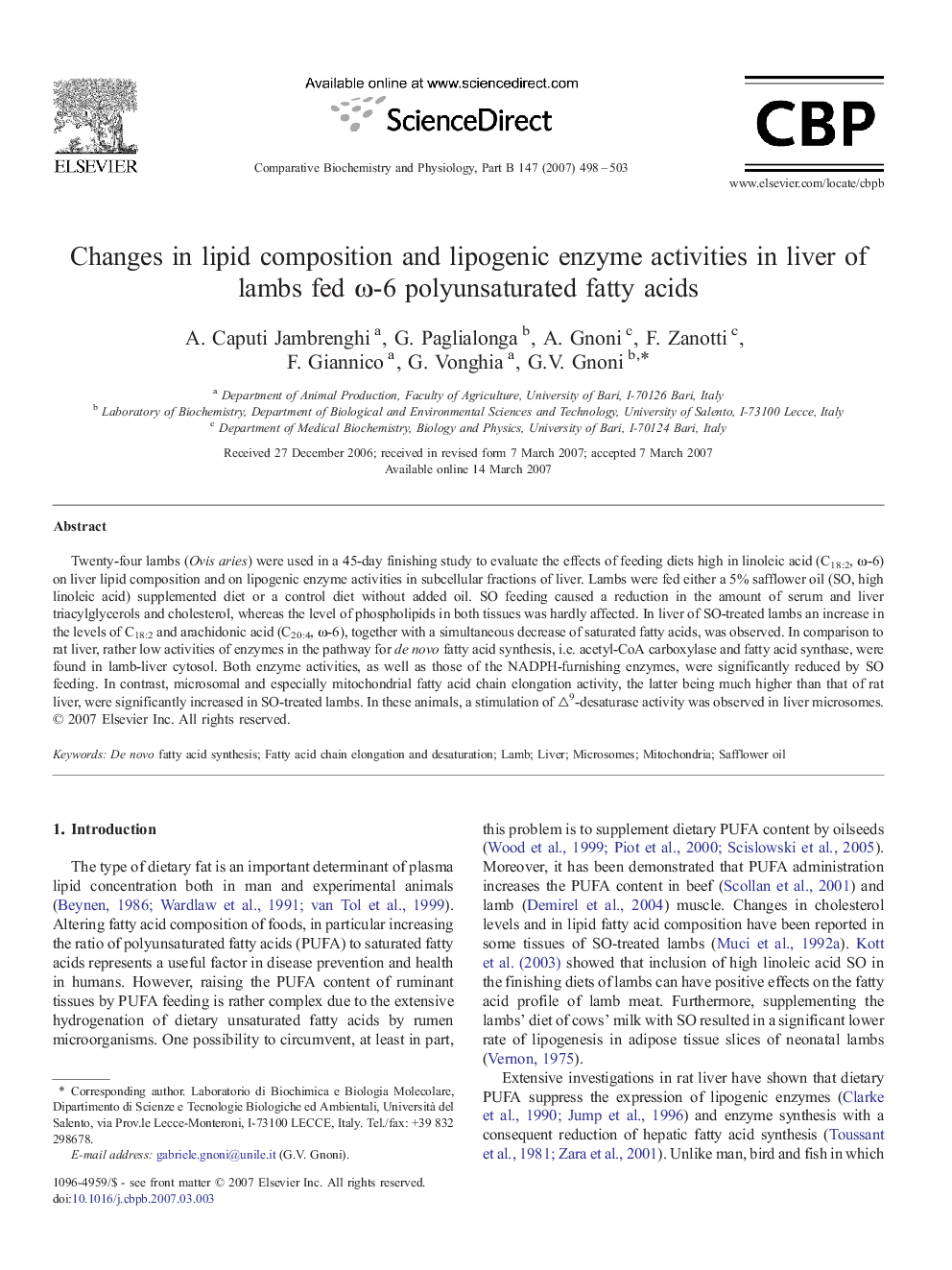 Changes in lipid composition and lipogenic enzyme activities in liver of lambs fed ω-6 polyunsaturated fatty acids