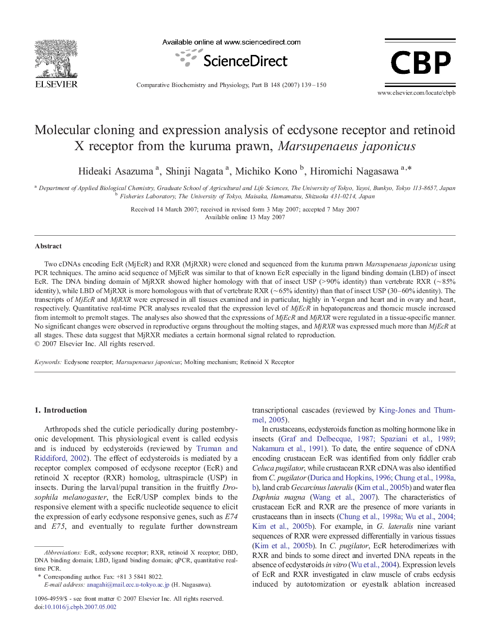 Molecular cloning and expression analysis of ecdysone receptor and retinoid X receptor from the kuruma prawn, Marsupenaeus japonicus