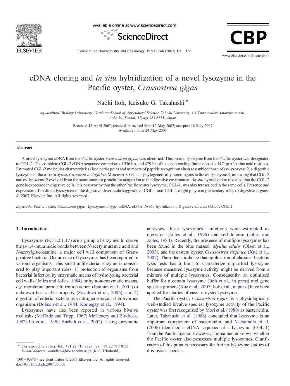 cDNA cloning and in situ hybridization of a novel lysozyme in the Pacific oyster, Crassostrea gigas