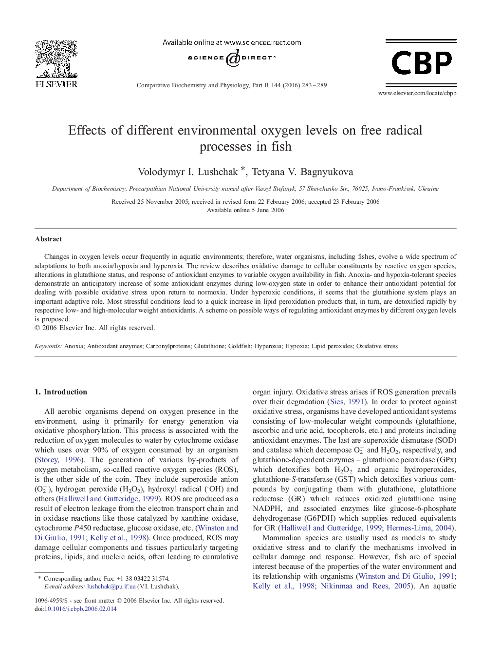 Effects of different environmental oxygen levels on free radical processes in fish