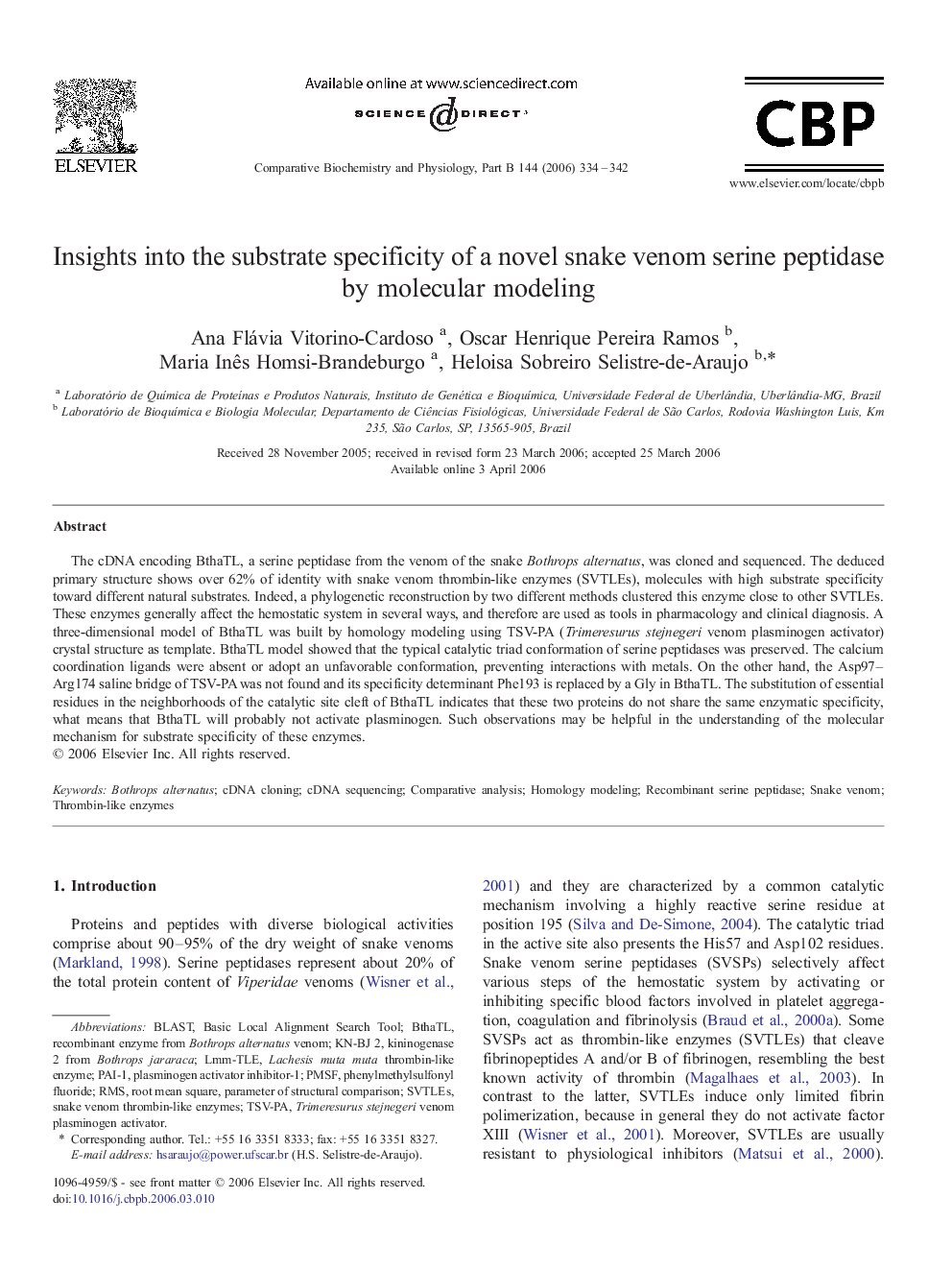 Insights into the substrate specificity of a novel snake venom serine peptidase by molecular modeling