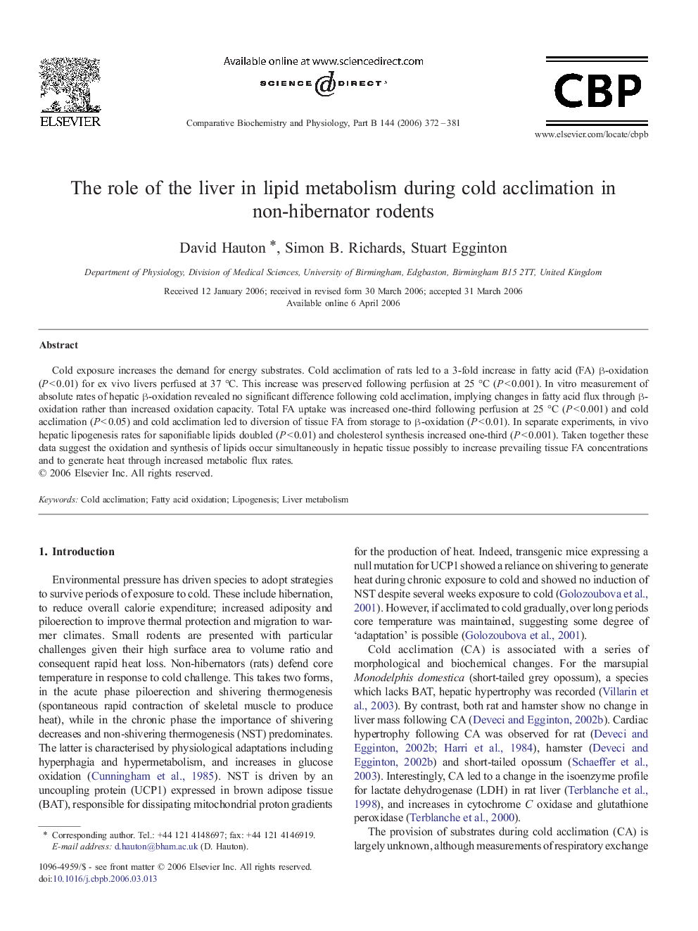 The role of the liver in lipid metabolism during cold acclimation in non-hibernator rodents