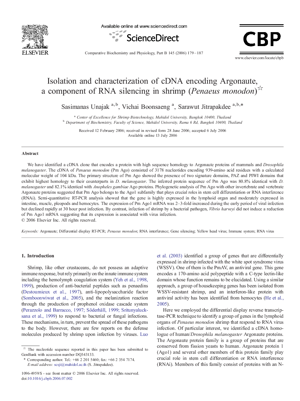 Isolation and characterization of cDNA encoding Argonaute, a component of RNA silencing in shrimp (Penaeus monodon)