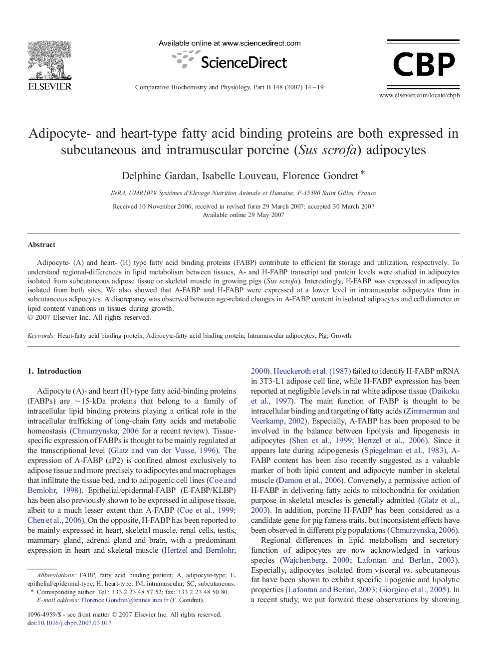 Adipocyte- and heart-type fatty acid binding proteins are both expressed in subcutaneous and intramuscular porcine (Sus scrofa) adipocytes