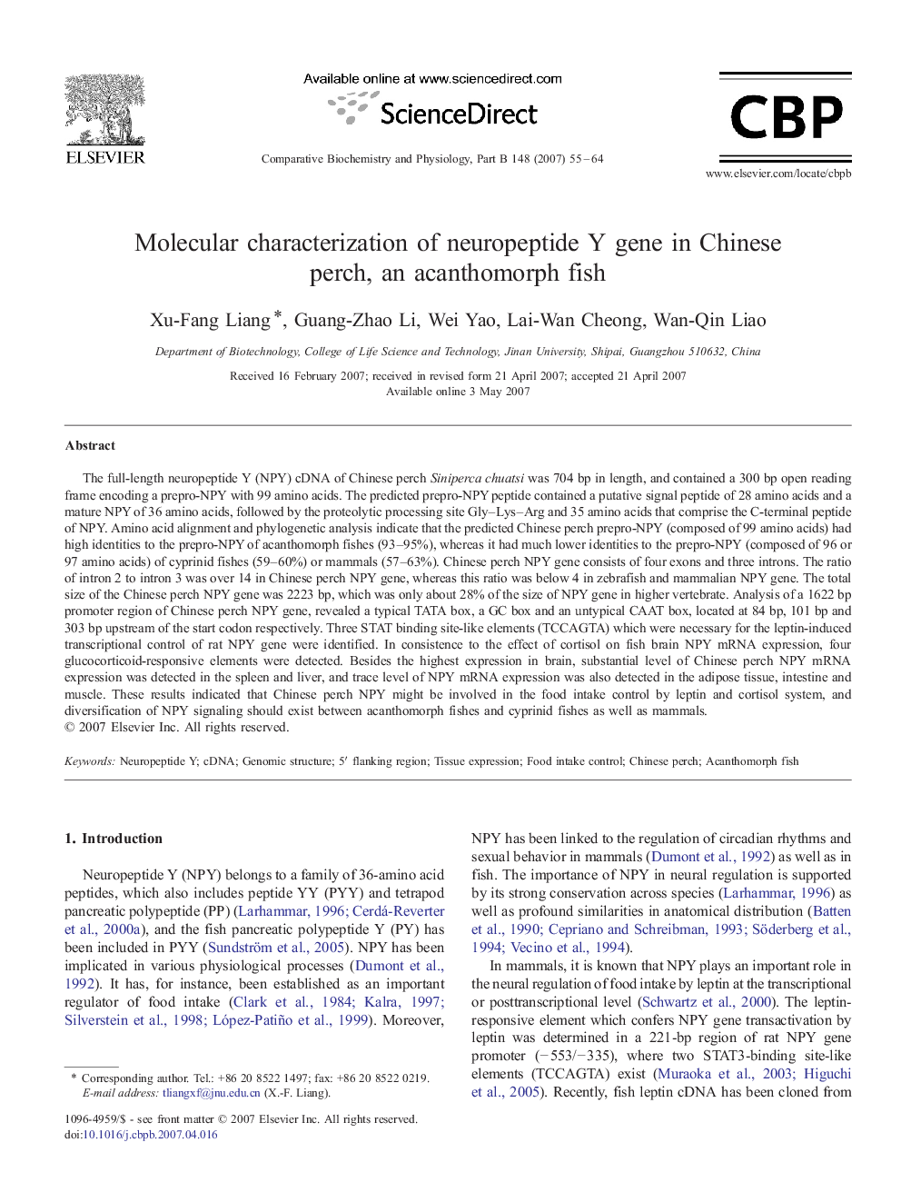 Molecular characterization of neuropeptide Y gene in Chinese perch, an acanthomorph fish