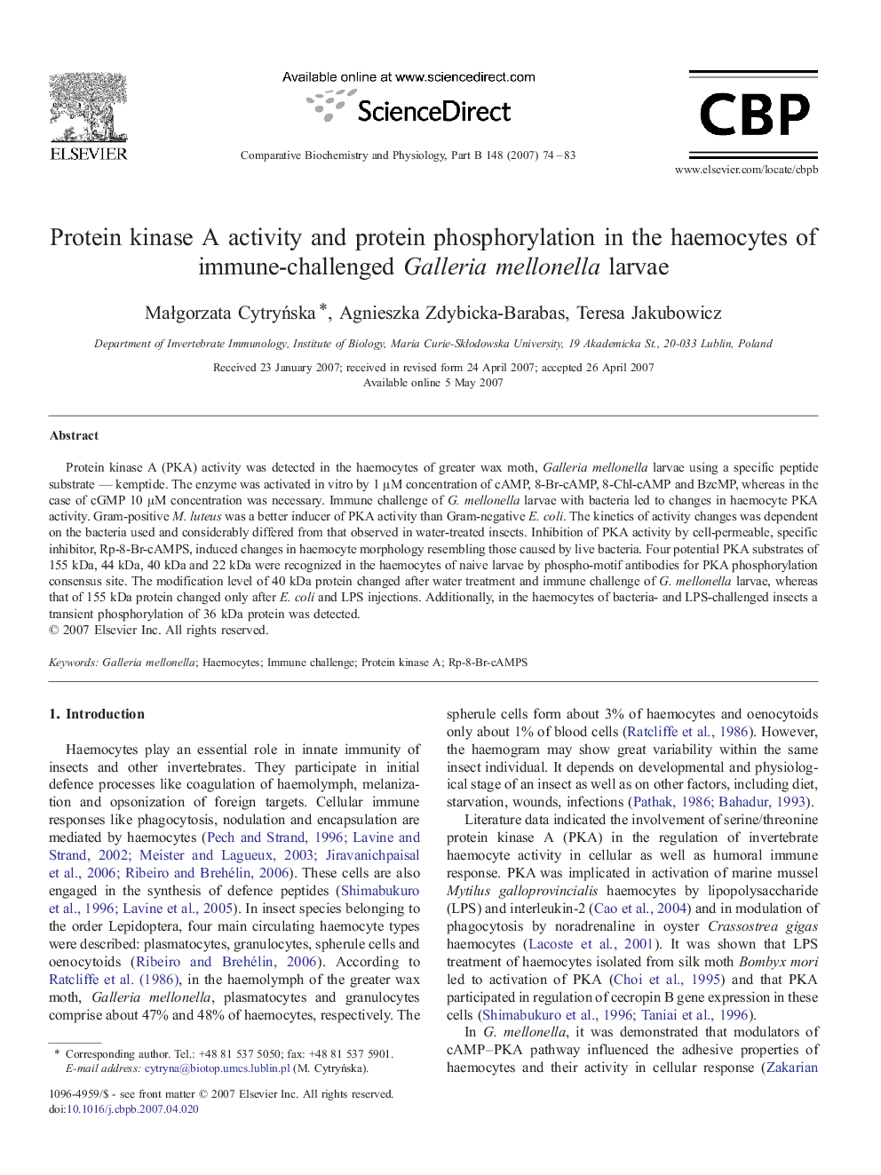 Protein kinase A activity and protein phosphorylation in the haemocytes of immune-challenged Galleria mellonella larvae