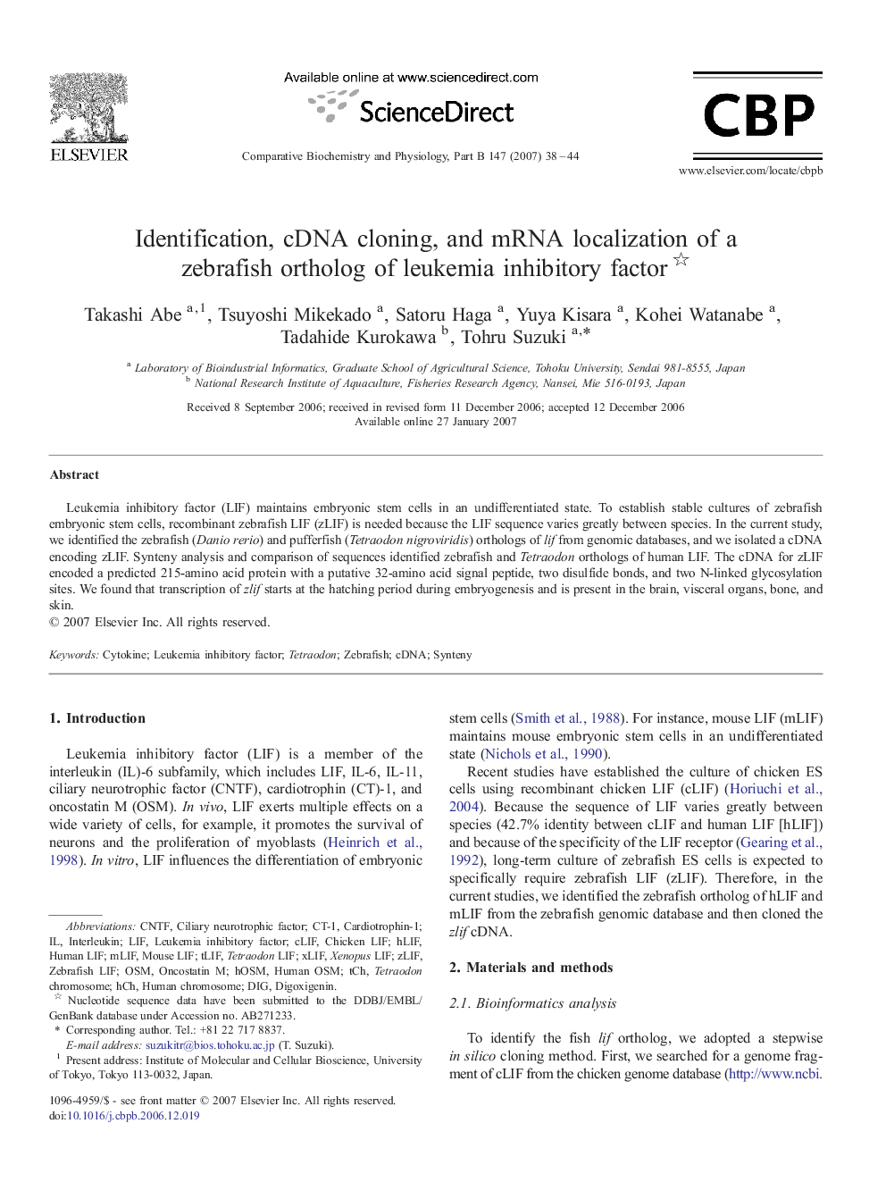 Identification, cDNA cloning, and mRNA localization of a zebrafish ortholog of leukemia inhibitory factor