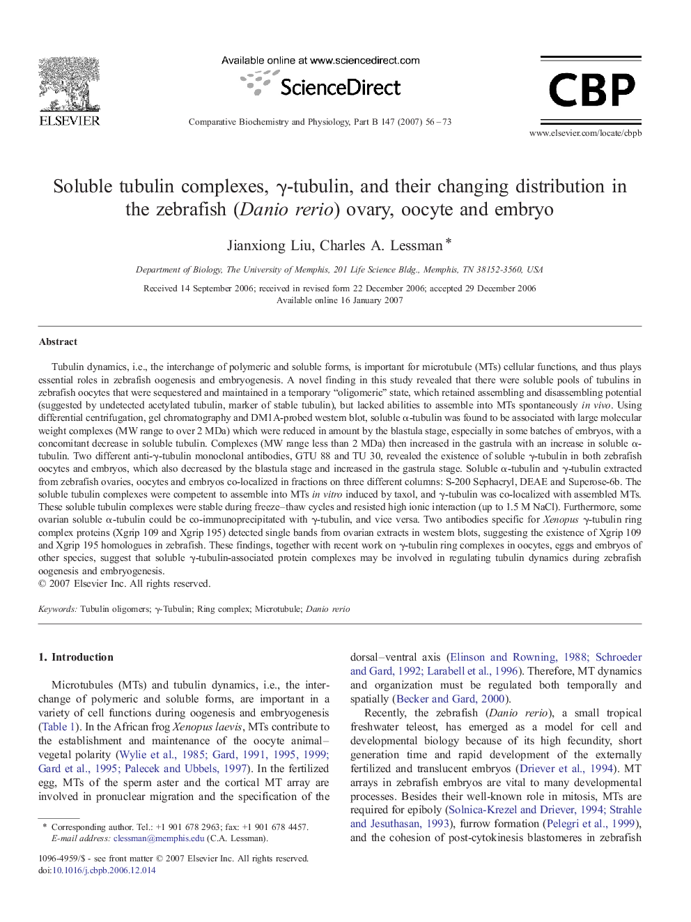 Soluble tubulin complexes, γ-tubulin, and their changing distribution in the zebrafish (Danio rerio) ovary, oocyte and embryo