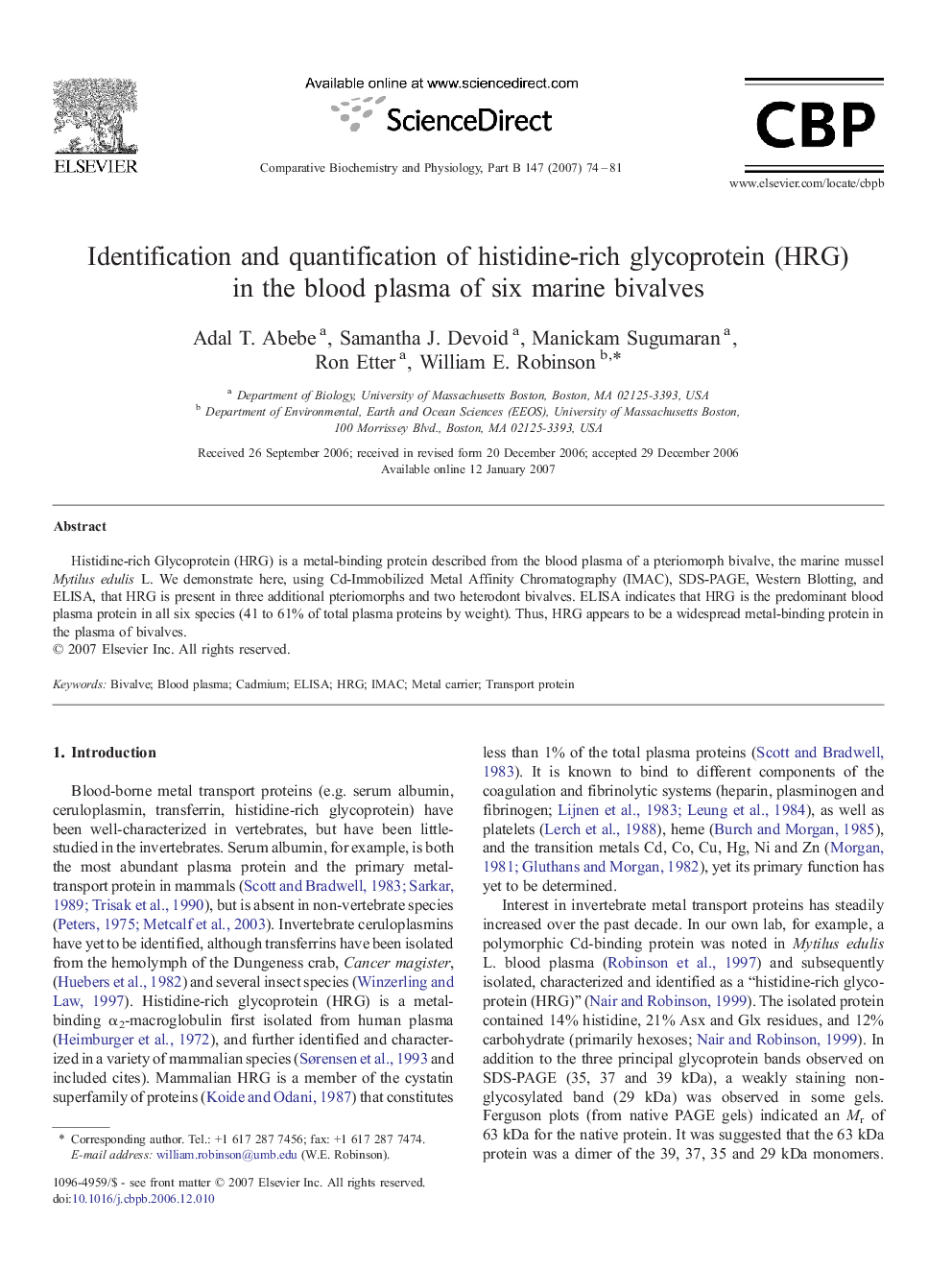 Identification and quantification of histidine-rich glycoprotein (HRG) in the blood plasma of six marine bivalves