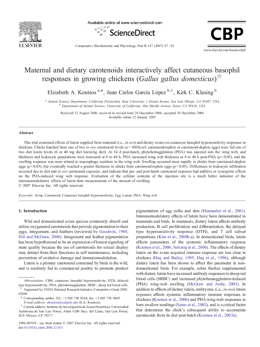 Maternal and dietary carotenoids interactively affect cutaneous basophil responses in growing chickens (Gallus gallus domesticus) 